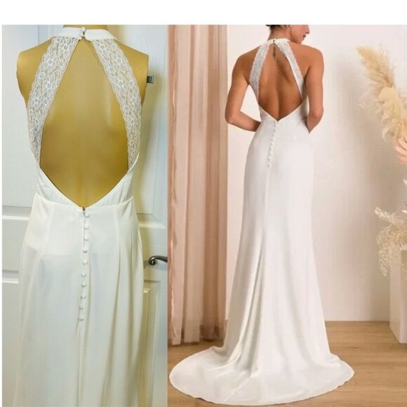 Lulu's Radiant Adoration White Satin Lace Backless Halter Maxi Dress Small NWT - Picture 2 of 11